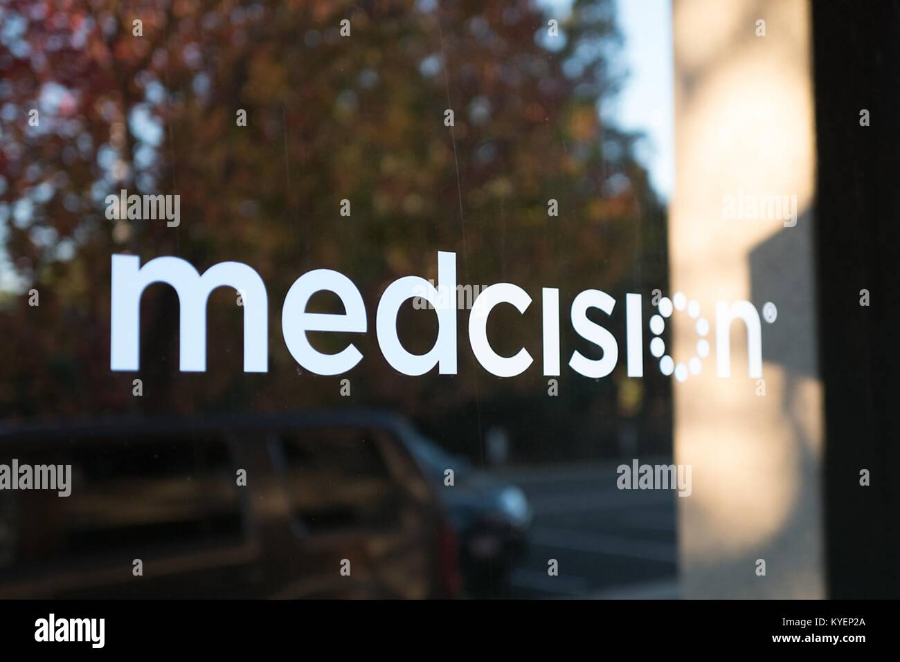 In der Nähe der Zeichen in der Zentrale der frühen Biomedizinische startup Medcision im Silicon Valley, in Menlo Park, Kalifornien, 14. November 2017. () Stockfoto