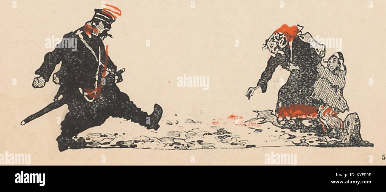 Abbildung: Aus der Russischen satirische Zeitschrift Plamia (Flamme), ein Polizist etwas, während eine Bäuerin mit einem Kind hinter ihr bückt sich, um ihn abzuholen, 1905 treten. () Stockfoto