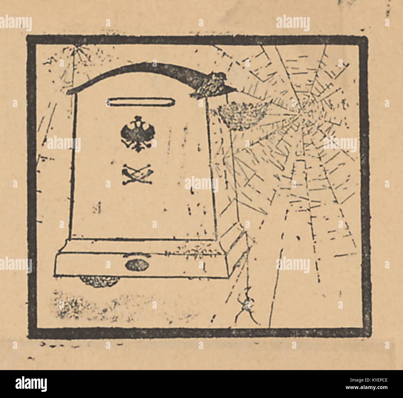 Abbildung: Aus der Russischen satirische Zeitschrift Signal (Signal), ein Denkmal mit der kaiserlichen Doppelte - Adler geleitet; das Denkmal wird von spinnenweben umgeben und hat einen Vogel und Nest, 1905. () Stockfoto