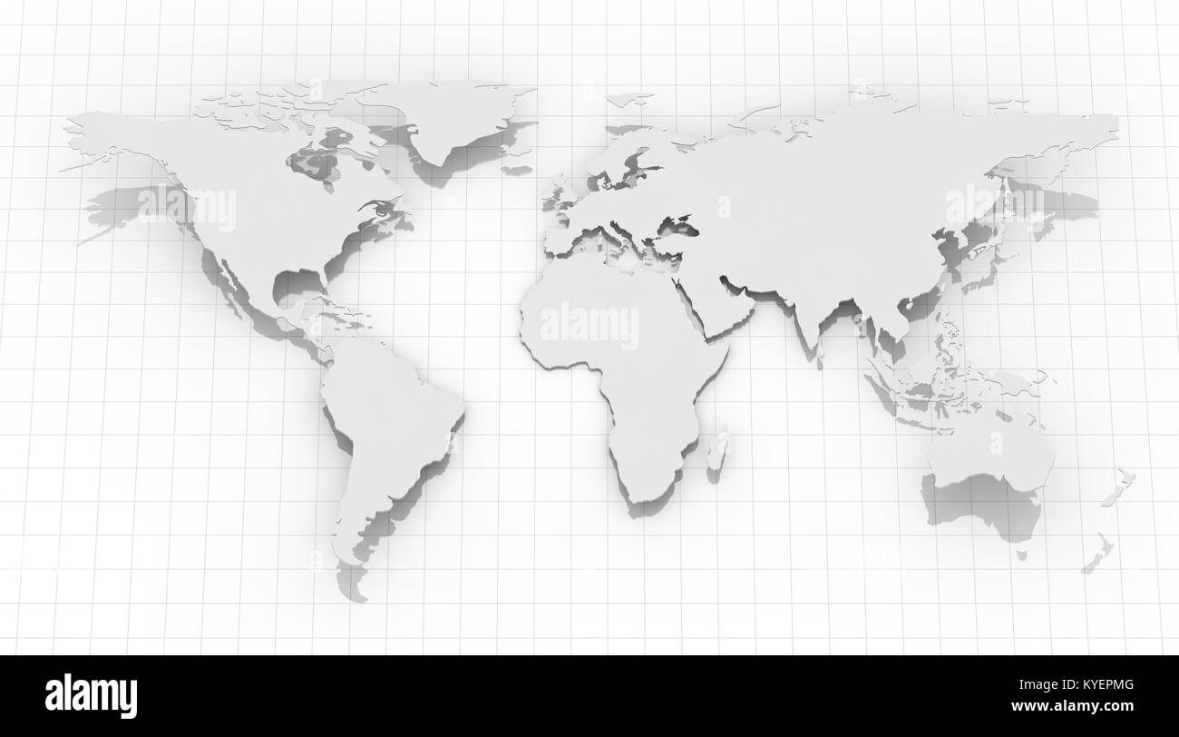 Weltkarte auf Grid Hintergrund, Dies ist eine 3D-gerenderte Computer generierten Bildes. Auf weiß isoliert. Stockfoto
