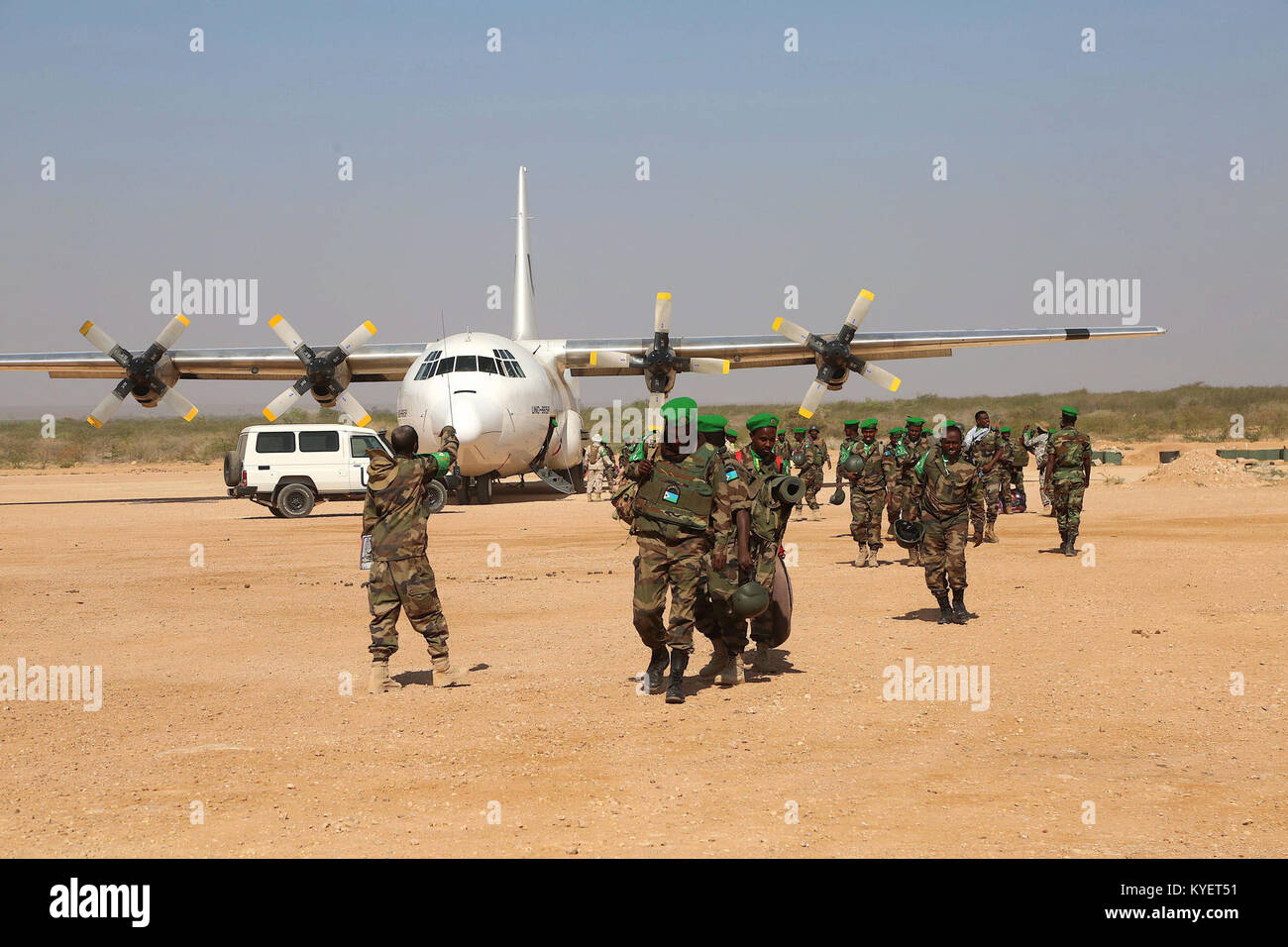 Dschibuti-Truppen kamen am 2. Januar 2018 in Belet Weyne in Somalia an, um im Rahmen ihrer Friedensunterstützungsoperation unter der Mission der Afrikanischen Union in Somalia (AMISOM) zu dienen. Stockfoto