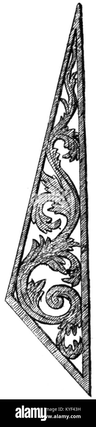 Ein dekoratives Detail aus der Kirche Västra Eneby in Schweden, das dekorative Handwerkskunst aus Stein oder Holz hervorhebt. Das Ornament ist ein Beispiel für mittelalterliche kirchliche Kunstfertigkeit und Designtradition. Stockfoto