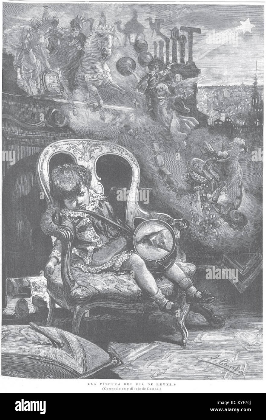 Das Gemälde „Víspera de Reyes“ von Juan Comba aus dem Jahr 1885 zeigt die traditionelle spanische Epiphanienfeier und veranschaulicht kulturelle und religiöse Praktiken. Stockfoto