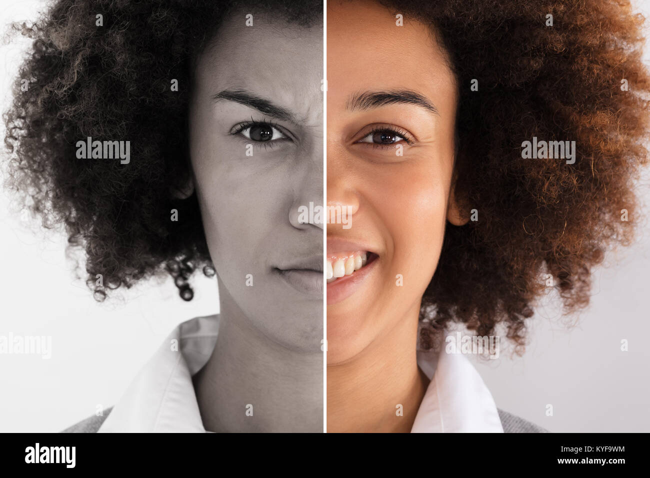 Portrait einer jungen Unternehmerin, traurig und glücklich Emotionen Stockfoto Portrait einer jungen Unternehmerin, traurig und glücklich Emotionen Stockfoto