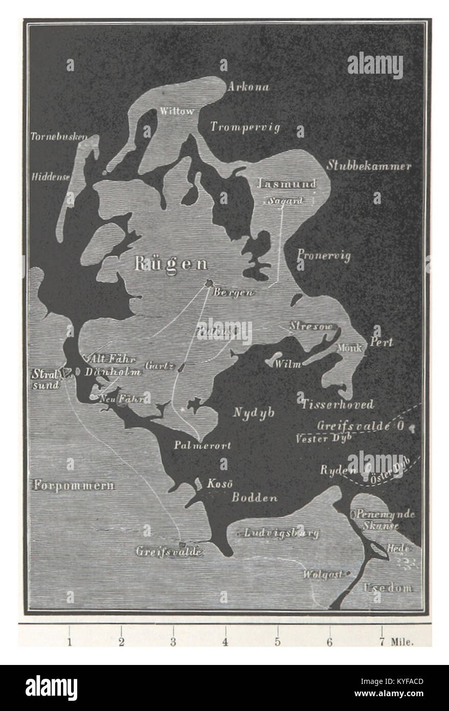 Diese historische Illustration von Vaupell aus dem Jahr 1870 zeigt die Insel Rügen während der Belagerung von Stralsund im Jahr 1715 mit militärischen Positionen, Befestigungsanlagen und der umliegenden Landschaft Stockfoto