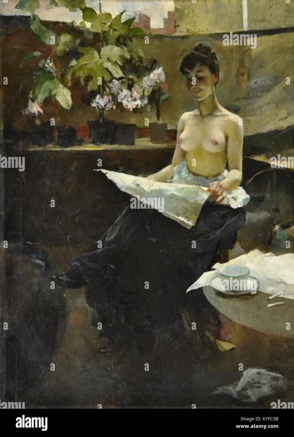 Das Gemälde Krásná modelka des tschechischen Künstlers Viktor Oliva zeigt ein weibliches Modell, das charakteristisch für die Porträtkunst des späten 19. Jahrhunderts ist. Er unterstreicht Olivas Fähigkeiten in der realistischen Darstellung und seinen Fokus auf menschliche Schönheit und Ausdruck. Stockfoto