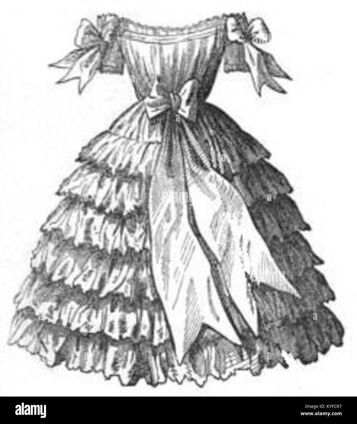 Eine Zeichnung, die ein Vintage-Mädchenkleid zeigt, zeigt historisches Modedesign, Kleidungsdetails und stilistische Elemente aus einer vergangenen Ära. Stockfoto