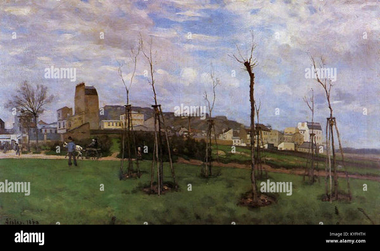 Ein Blick auf Montmartre in Paris, von der Cité des Fleurs im Stadtteil Batignolles aus gesehen, der die Hügel, Straßen und die städtische Landschaft erfasst. Stockfoto