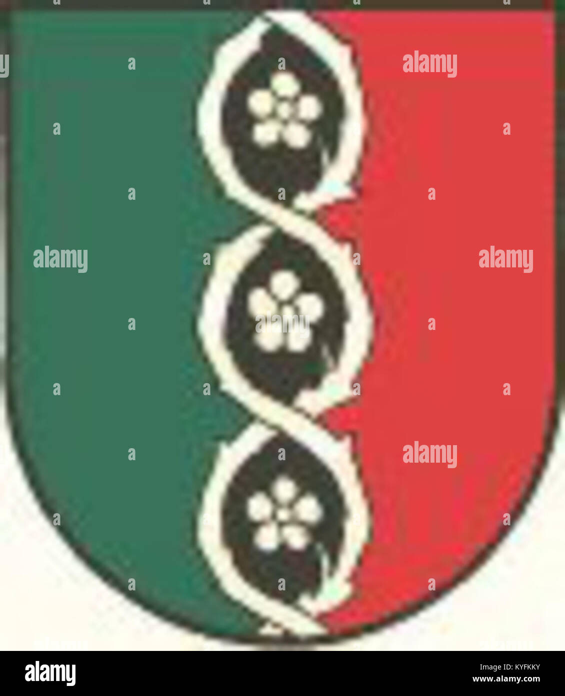 Ein Wappen der Ortschaft Trahütten in der Steiermark, mit regionalen Symbolen und traditionellem Heraldik-Design. Stockfoto