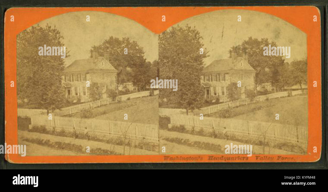 Eine Illustration von Samuel Ritter Fisher, die George Washingtons Hauptquartier in Valley Forge darstellt und die Geschichte des Amerikanischen Unabhängigkeitskriegs und die Militärarchitektur des 18. Jahrhunderts beleuchtet. Stockfoto