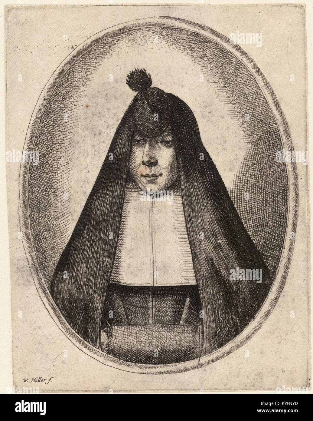 Stich von Wenceslas Hollar mit dem Titel „Anne Benoÿs (Staat 1)“ mit einem detaillierten Porträt im Stil des 17. Jahrhunderts. Das Kunstwerk zeigt Hollar’ Können in der Liniengravur und Porträtkunst. Stockfoto