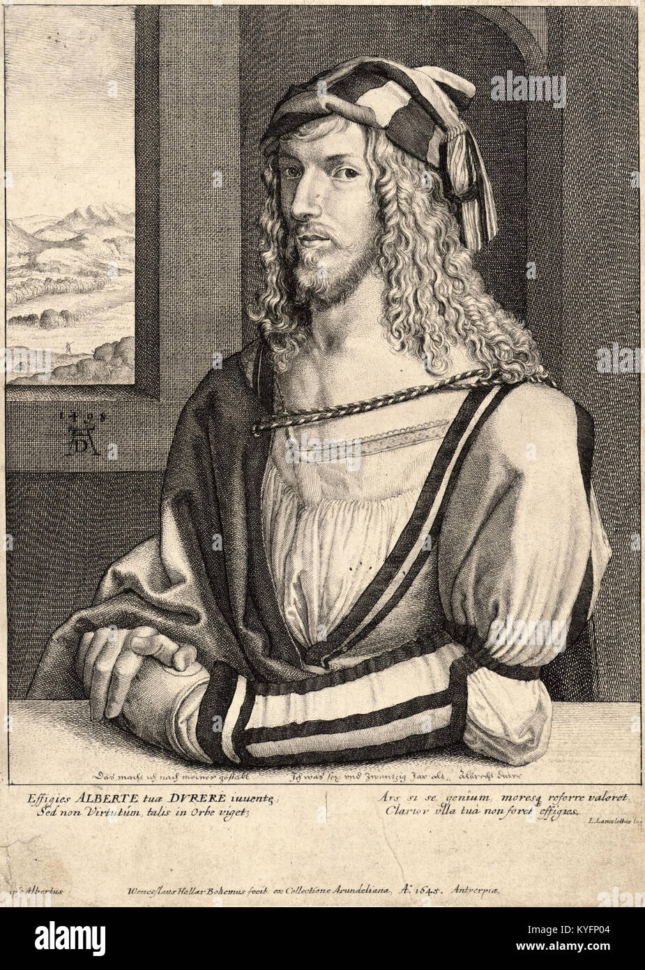 Diese Ätzung von Wenceslas Hollar interpretiert „Dürer der Jüngere“ und demonstriert künstlerische Techniken des 17. Jahrhunderts mit komplizierten Details und Linienarbeiten, die Dürers Einfluss widerspiegeln. Stockfoto