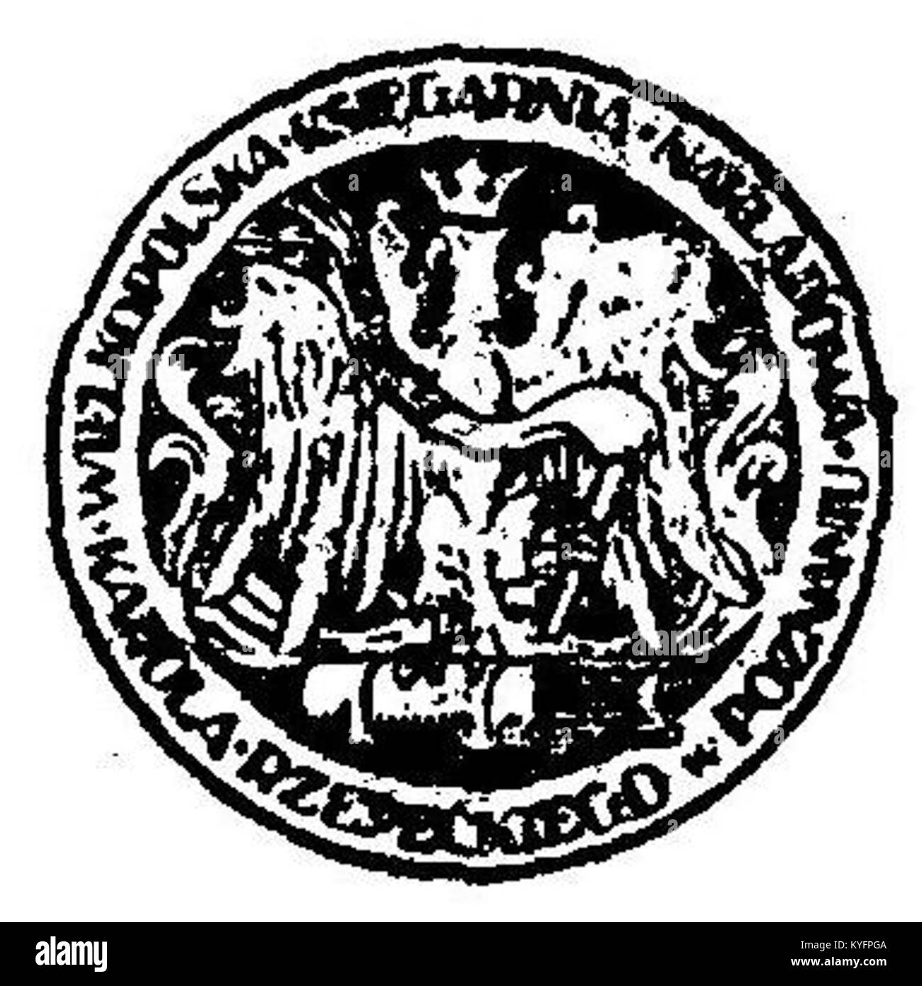 Das Logo von Wielkopolska Księgarnia Nakładowa Karola Rzepeckiego in Poznań, Polen, symbolisiert einen historischen Verlag, der für Beiträge zur polnischen Literatur, Bildung und zum kulturellen Erbe bekannt ist. Stockfoto