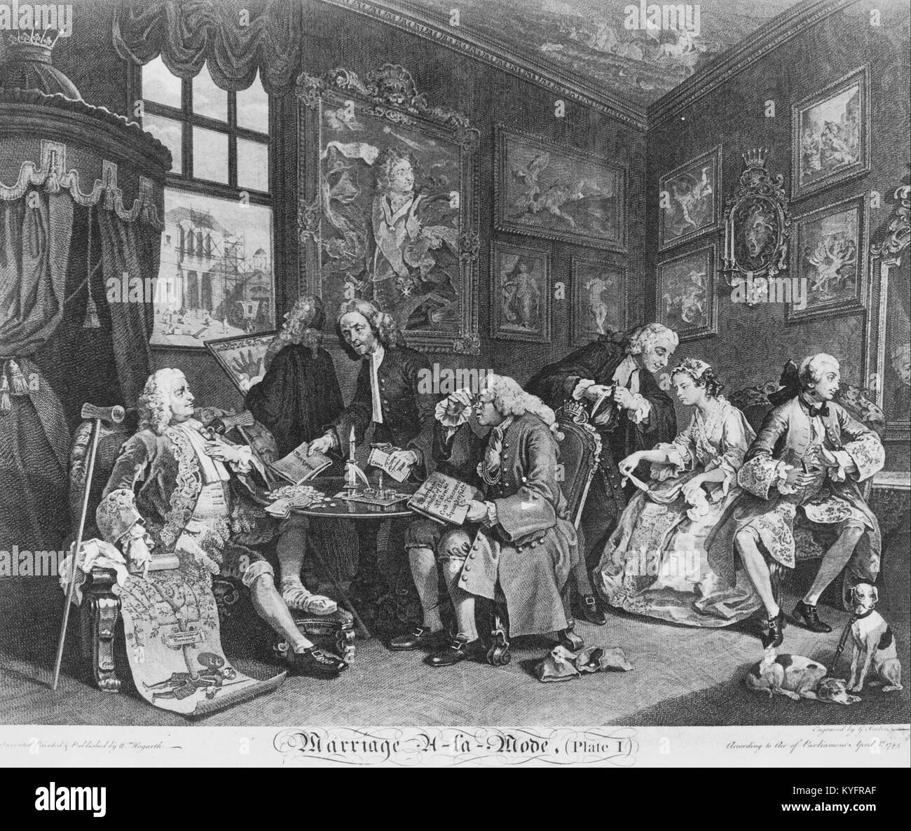 Die erste Platte von William Hogarths Marriage à la Mode-Serie mit dem Titel The Marriage Contract, die einen satirischen Kommentar über arrangierte Ehen und die britische Gesellschaft des 18. Jahrhunderts darstellt. Stockfoto