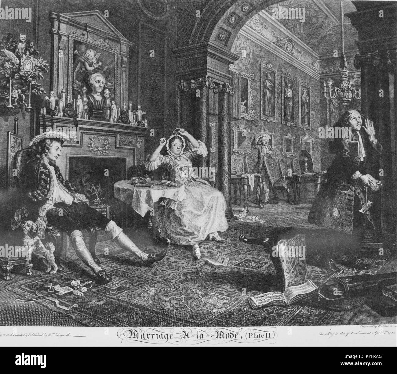 William Hogarths „Marriage à-la-Mode, Plate 2“ ist eine visuelle Satire aus dem 18. Jahrhundert, die die britische Gesellschaft kritisiert und Themen wie Ehe, soziale Hierarchie und Dekadenz beleuchtet. Stockfoto