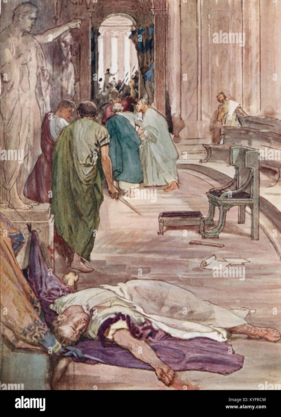 „Der Mord an Caesar“ ist eine Farblithografie von William Rainey, die das historische Ereignis von Julius Caesars Ermordung darstellt und den dramatischen Moment dieses alten politischen Wendepunkts feststellt. Stockfoto