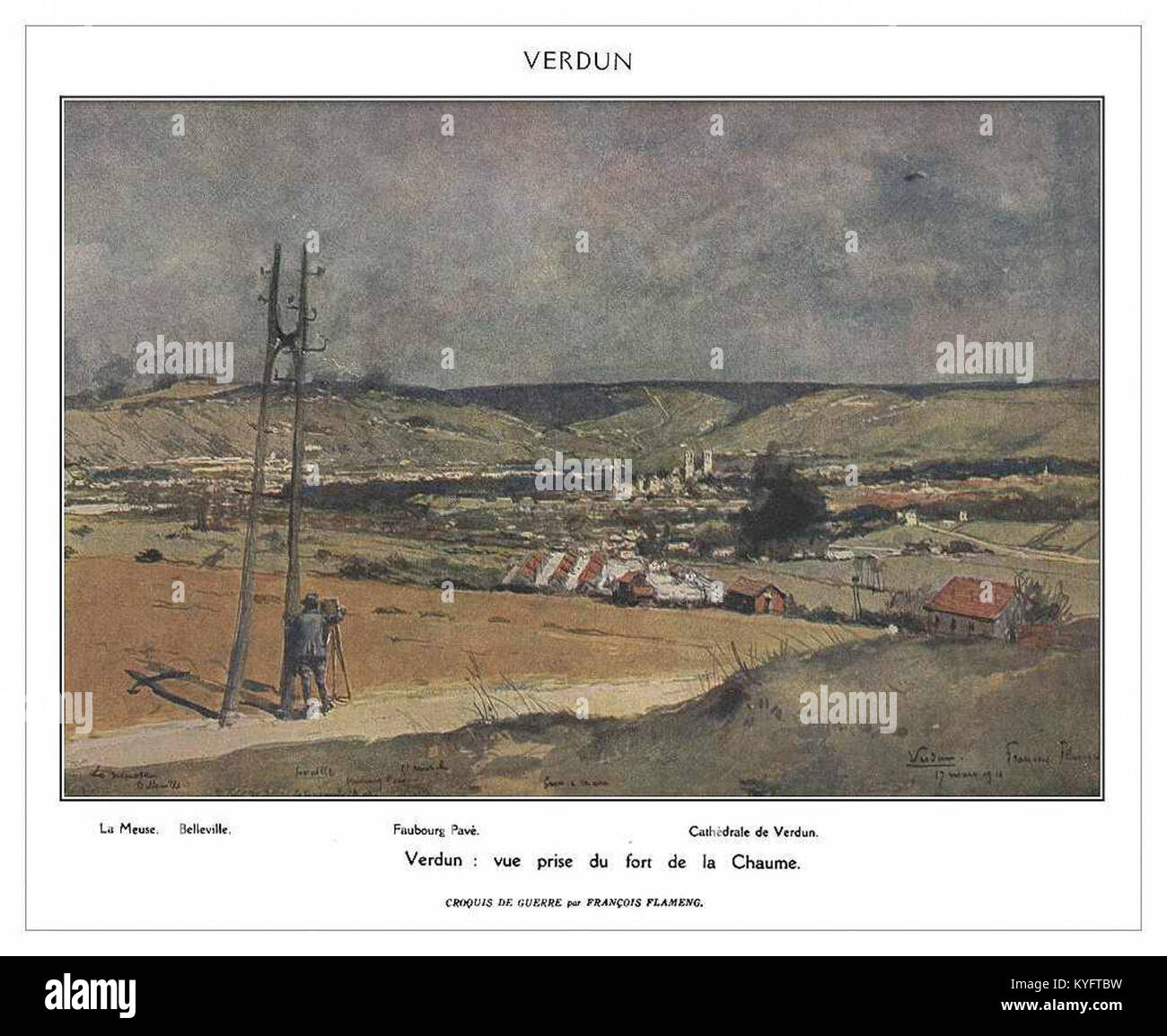 Eine Darstellung des Ersten Weltkriegs des französischen Künstlers Francois Flameng vom 19. August 1916, die die Schlacht von Verdun illustriert. Das Kunstwerk fängt einen kritischen Moment in den heftigen Kämpfen zwischen französischen und deutschen Streitkräften ein. Die Schlacht war eine der längsten und verheerendsten des Krieges, gekennzeichnet durch schwere Verluste und Grabenkrieg. Stockfoto