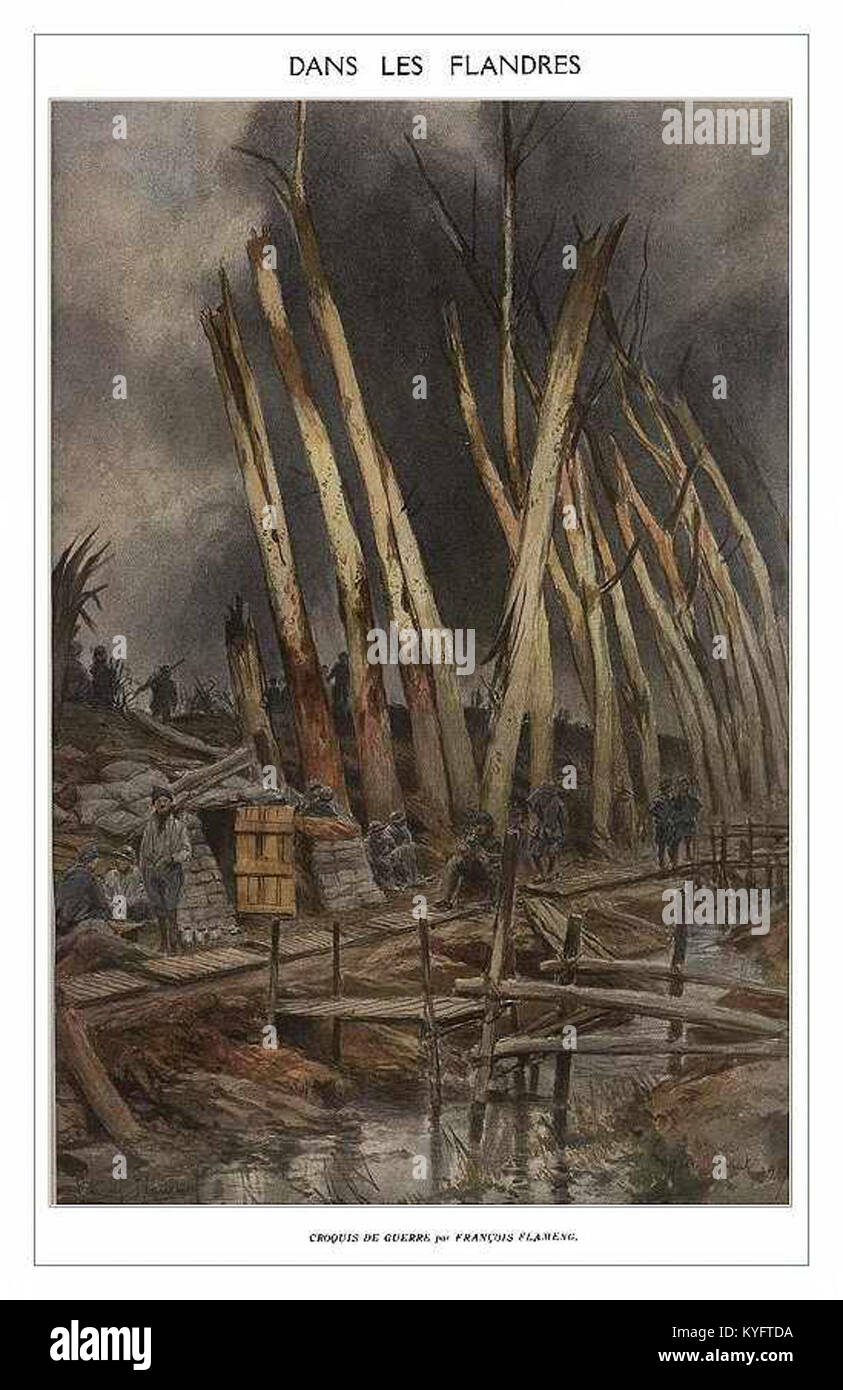 Francois Flamengs Gemälde zeigen Szenen aus dem Ersten Weltkrieg, zeigen Soldaten, Schlachtfelder und das Leben im Krieg und veranschaulichen die historische und kulturelle Wirkung des Konflikts. Stockfoto