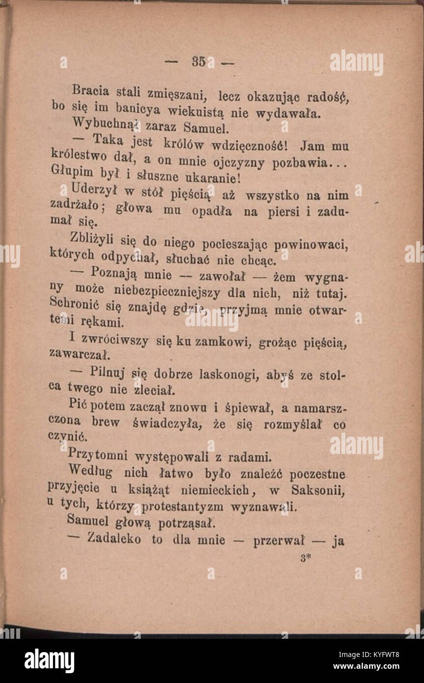 Eine Seite aus dem dritten Band von Infantka von Józef Ignacy Kraszewski, einem historischen Roman über Anna Jagiellonka, der 1884 als Teil der Serie „Dzieje Polski“ veröffentlicht wurde. Stockfoto