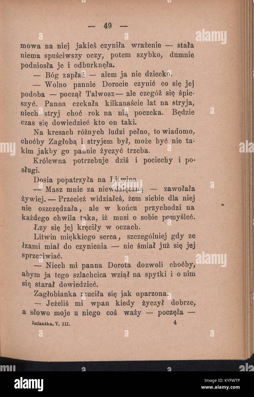 Eine Seite aus dem dritten Band von Infantka von Józef Ignacy Kraszewski, die eine Szene aus dem historischen Roman über Anna Jagiellonka illustriert. Stockfoto