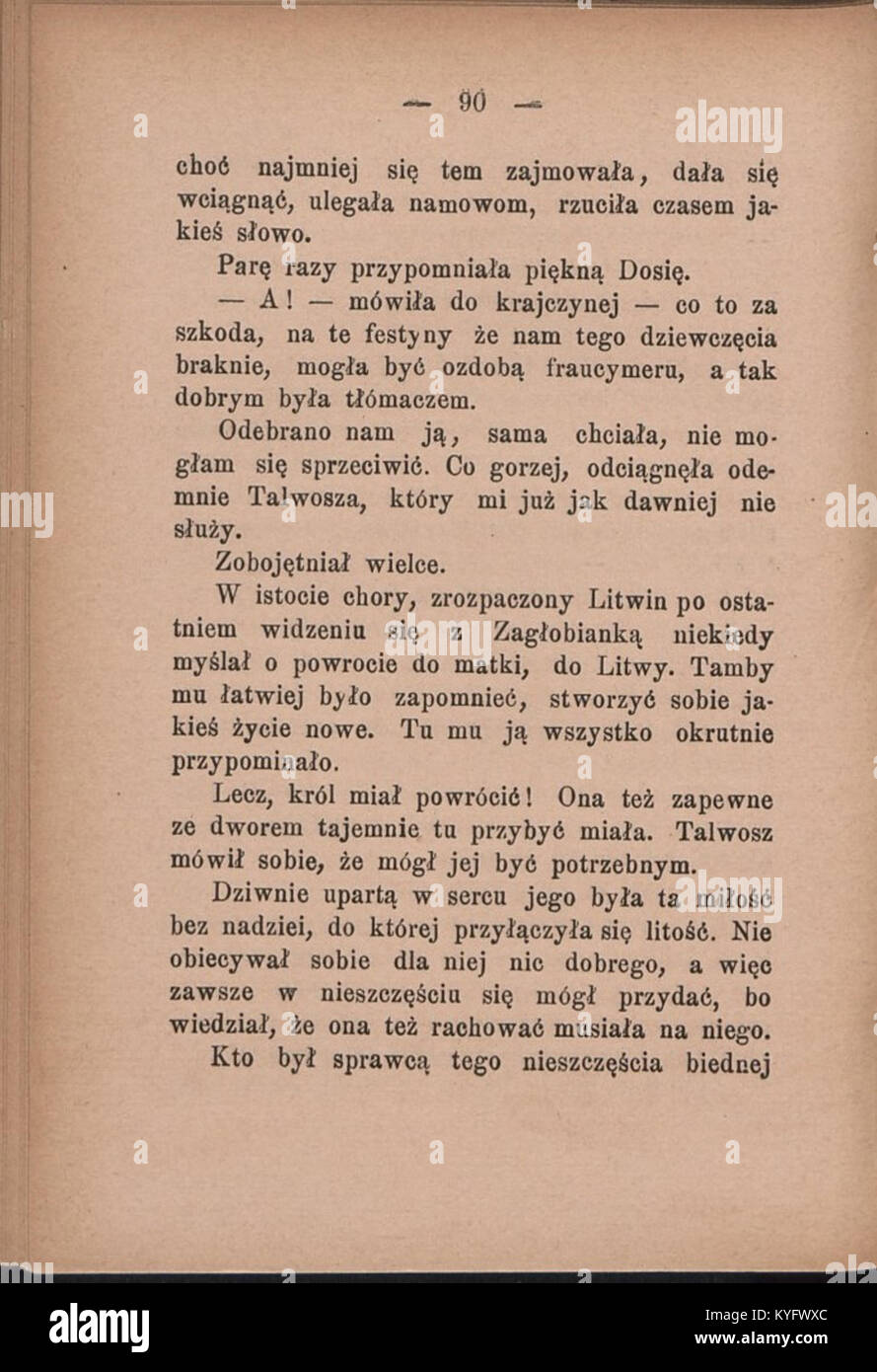 Eine Seite aus dem dritten Band von Infantka von Józef Ignacy Kraszewski, die eine Szene aus dem historischen Roman über Anna Jagiellonka darstellt. Stockfoto