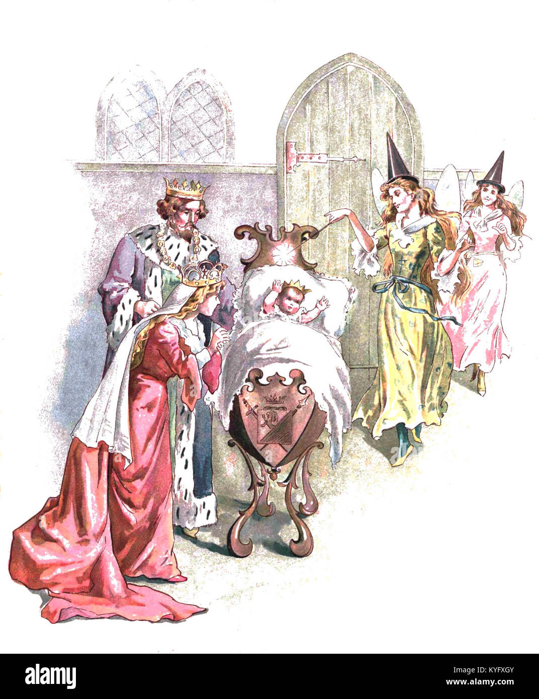 Seite 33 aus der 1900 erschienenen Publikation „Śpiąca królewna“, die die Geschichte der Dornröschen mit Text und Bildern für polnische Kinder illustriert. Stockfoto