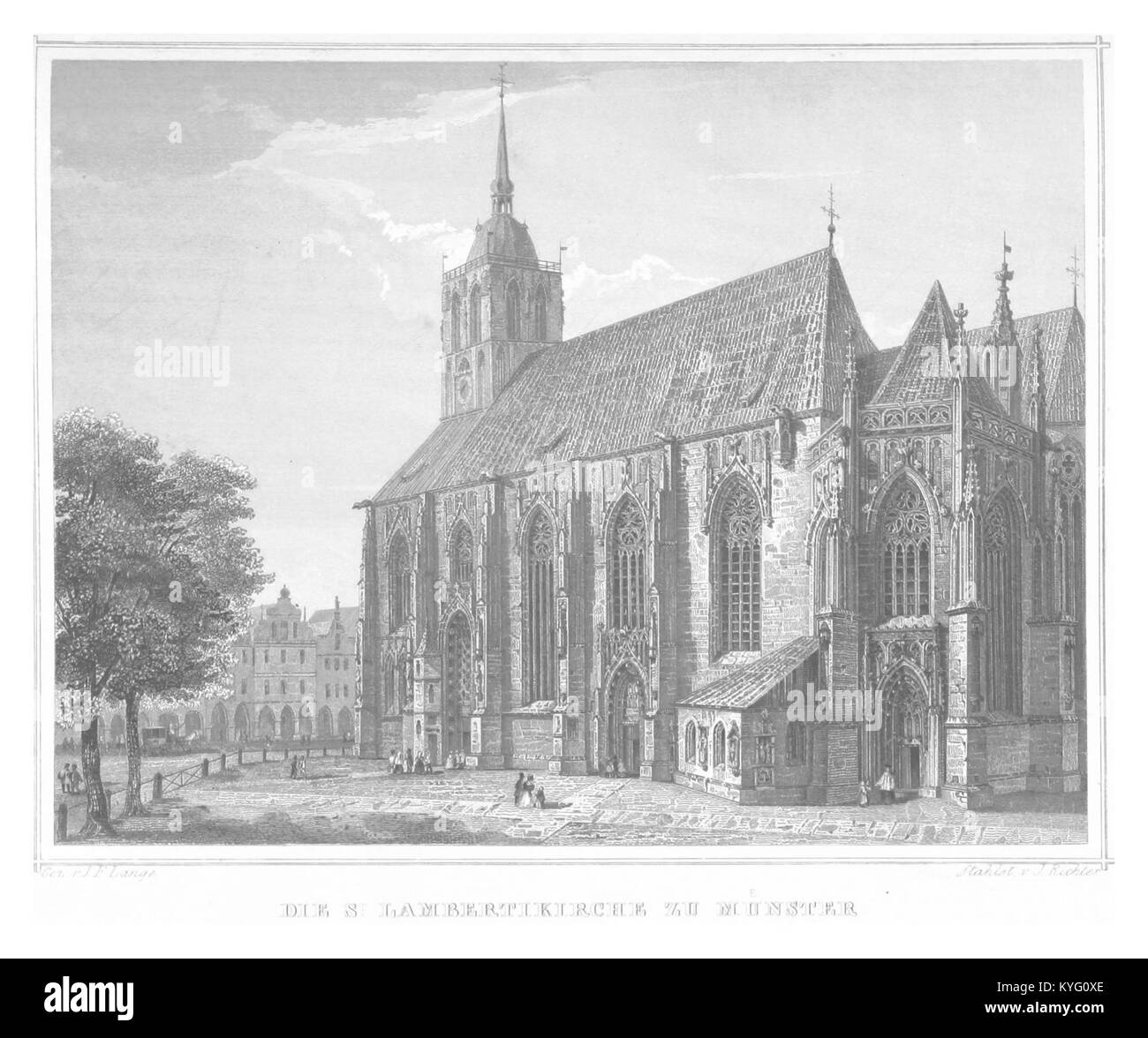 Die Lithografie zeigt die Lambertkirche in Münster, die ihren architektonischen Stil und ihre historische Bedeutung als Teil des europäischen religiösen Erbes im 19. Jahrhundert zeigt. Stockfoto
