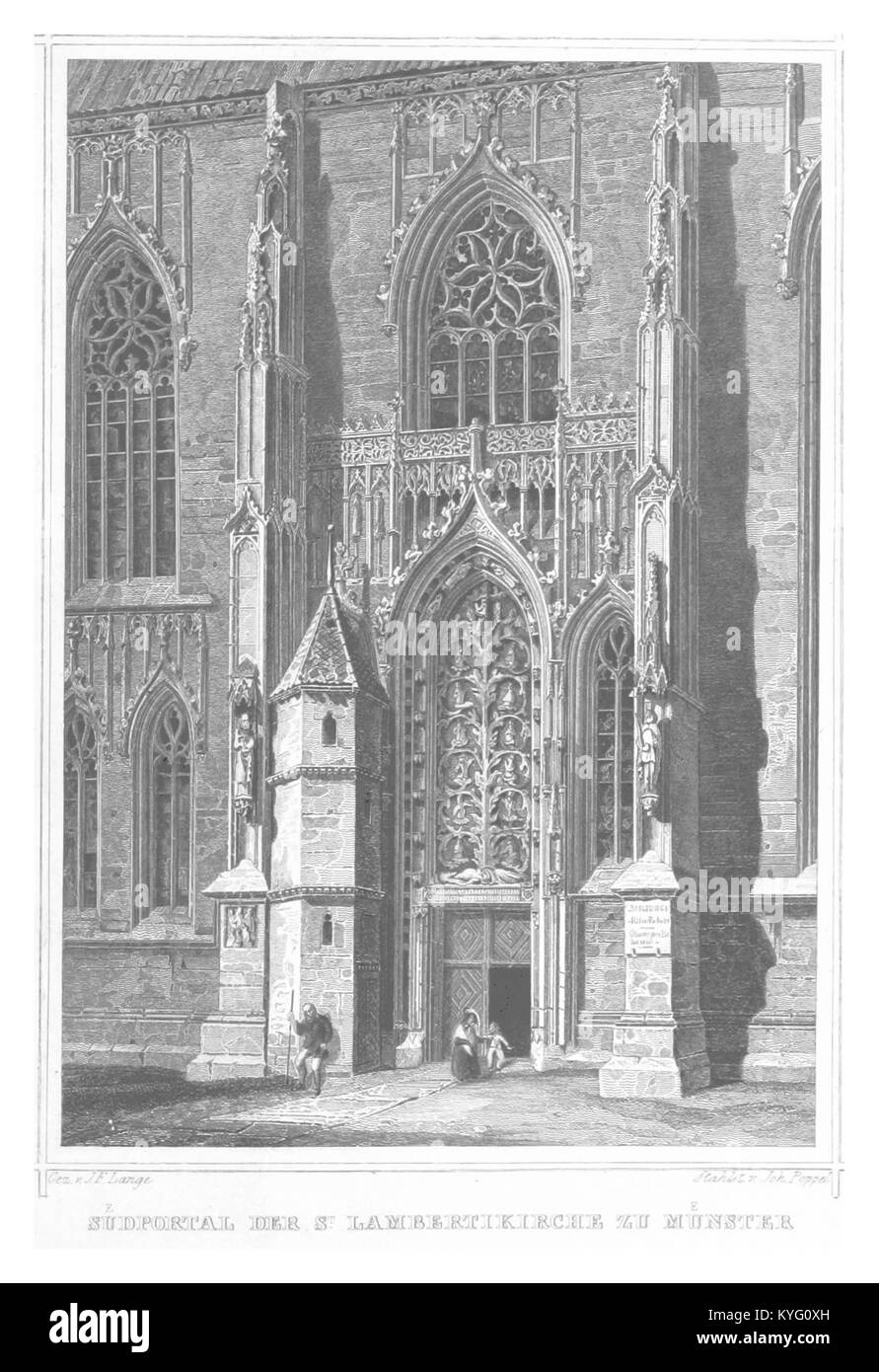 Eine Illustration von Johann Poppel aus dem Jahr 1852, die das Südportal der St. Lambert-Kirche in Münster zeigt und deren gotische Architektur und historische Details hervorhebt. Stockfoto