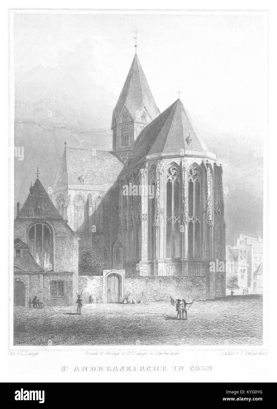 Eine Illustration von Poppel aus dem Jahr 1852 von der St. Andreas-Kirche in Köln, die architektonische Details und die Bedeutung der Kirche für die örtliche Ordensgemeinschaft zeigt. Stockfoto