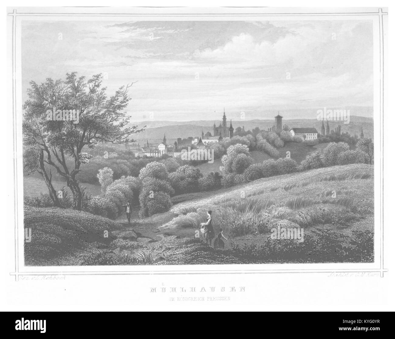 Dieses historische Bild aus dem Jahr 1852 zeigt Mühlhausen in Thüringen, die Architektur und Landschaft der Mitte des 19. Jahrhunderts, die den Stil und die städtebauliche Entwicklung der Zeit widerspiegelt. Stockfoto