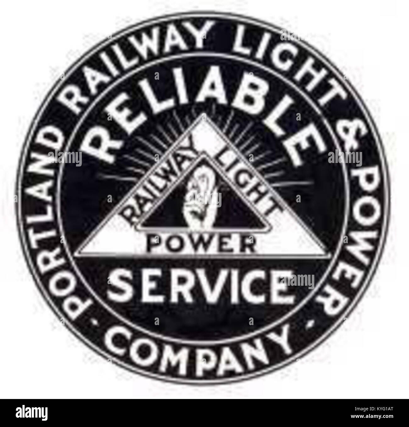 Dieses Logo repräsentiert Portland Railway Light & Power, ein historisches Transport- und Energieunternehmen in den Vereinigten Staaten und veranschaulicht die Unternehmensidentität und Industriegeschichte. Stockfoto