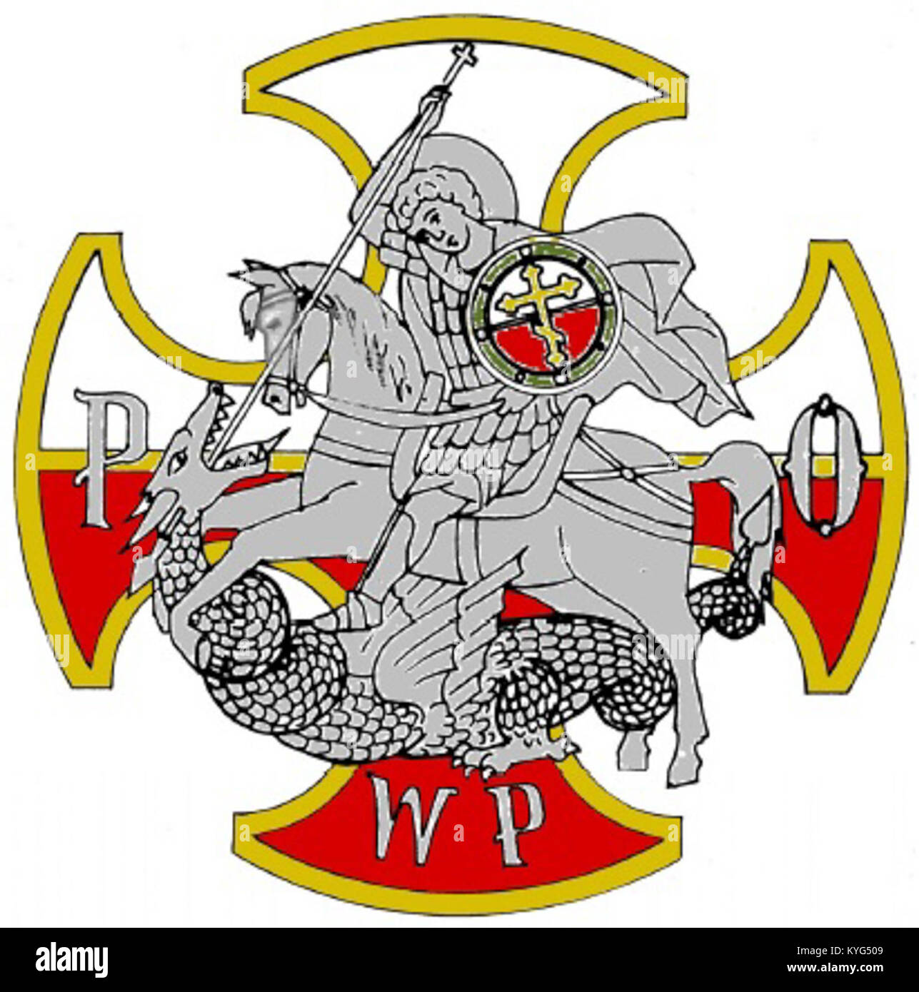 Dieses Bild zeigt ein 2012 ausgestelltes Abzeichen oder Abzeichen, das die PrawOrdynWP-Organisation repräsentiert, mit Designelementen, die Zugehörigkeit, Rang oder Anerkennung anzeigen. Stockfoto