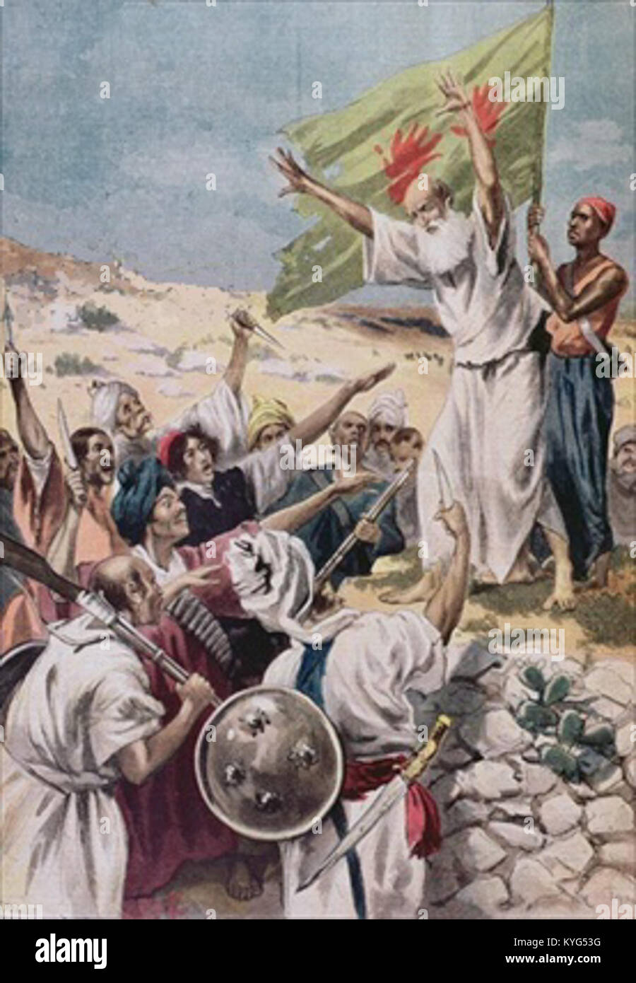 Dieses Bild zeigt die Predigt des „Heiligen Krieges“ während eines Aufstands in Britisch-Indien und veranschaulicht die politischen, religiösen und kolonialen Spannungen dieser Zeit. Stockfoto