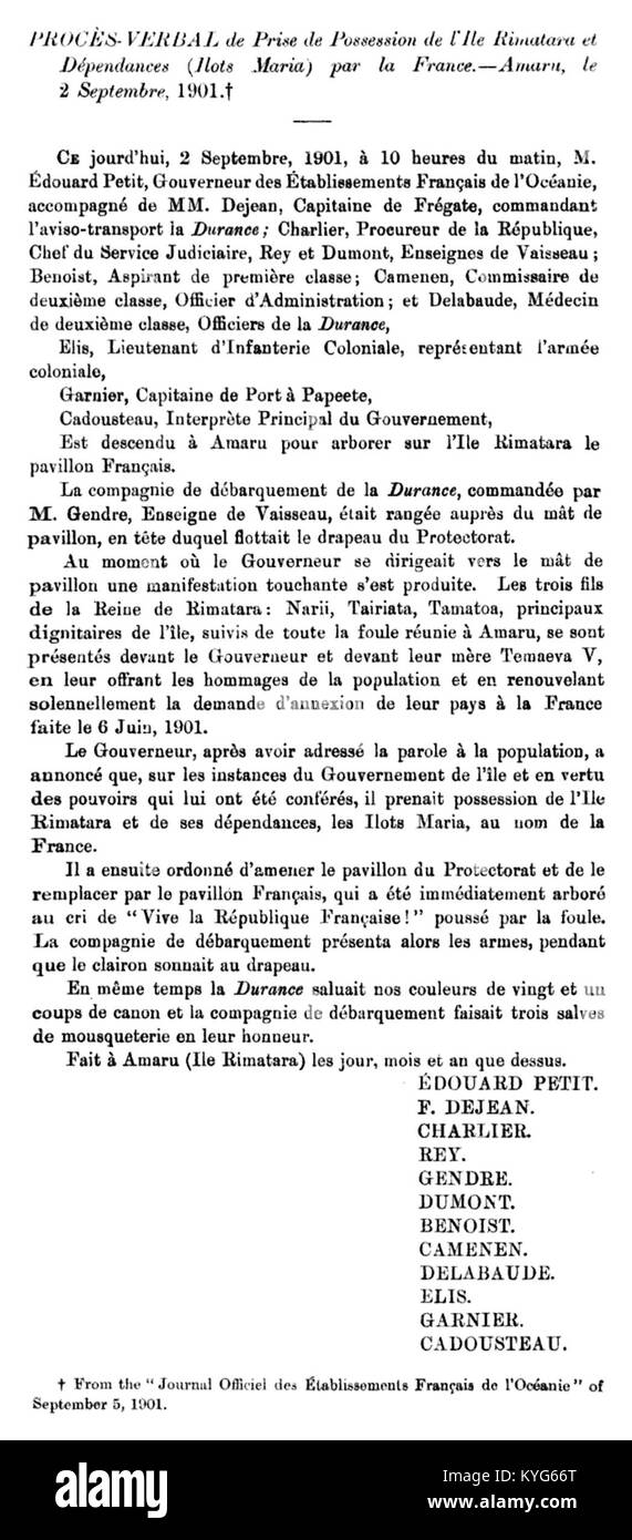 Protokoll mündliche de prise de Besitz de l'Ile Rimtara et Dépendance (Ilots Maria) par la France Stockfoto