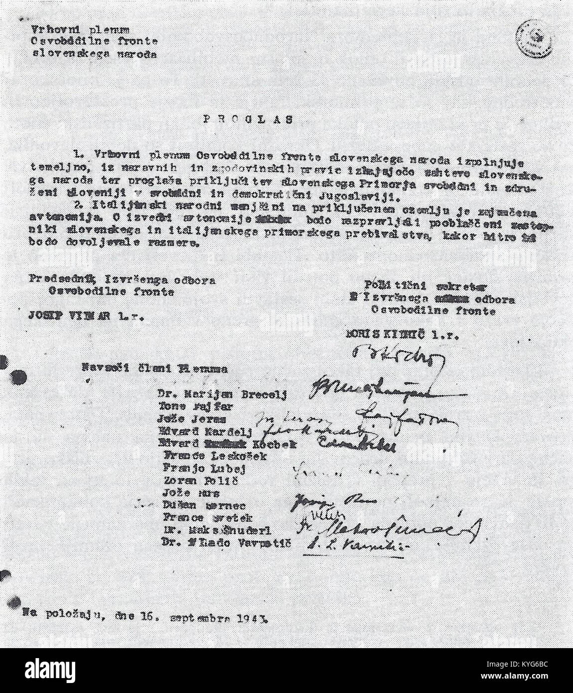 Proglas Vrhovnega plenuma z dne 16. septembra 1943 o priključitvi Slovenskega Jugoslaviji primorja k Stockfoto