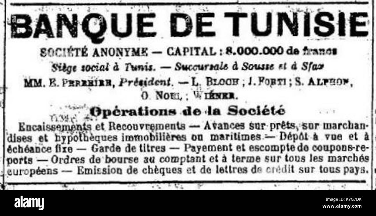 Publicité de la Banque de Tunisie - La Dépêche Tunisiennne - 09.07.1900 Stockfoto
