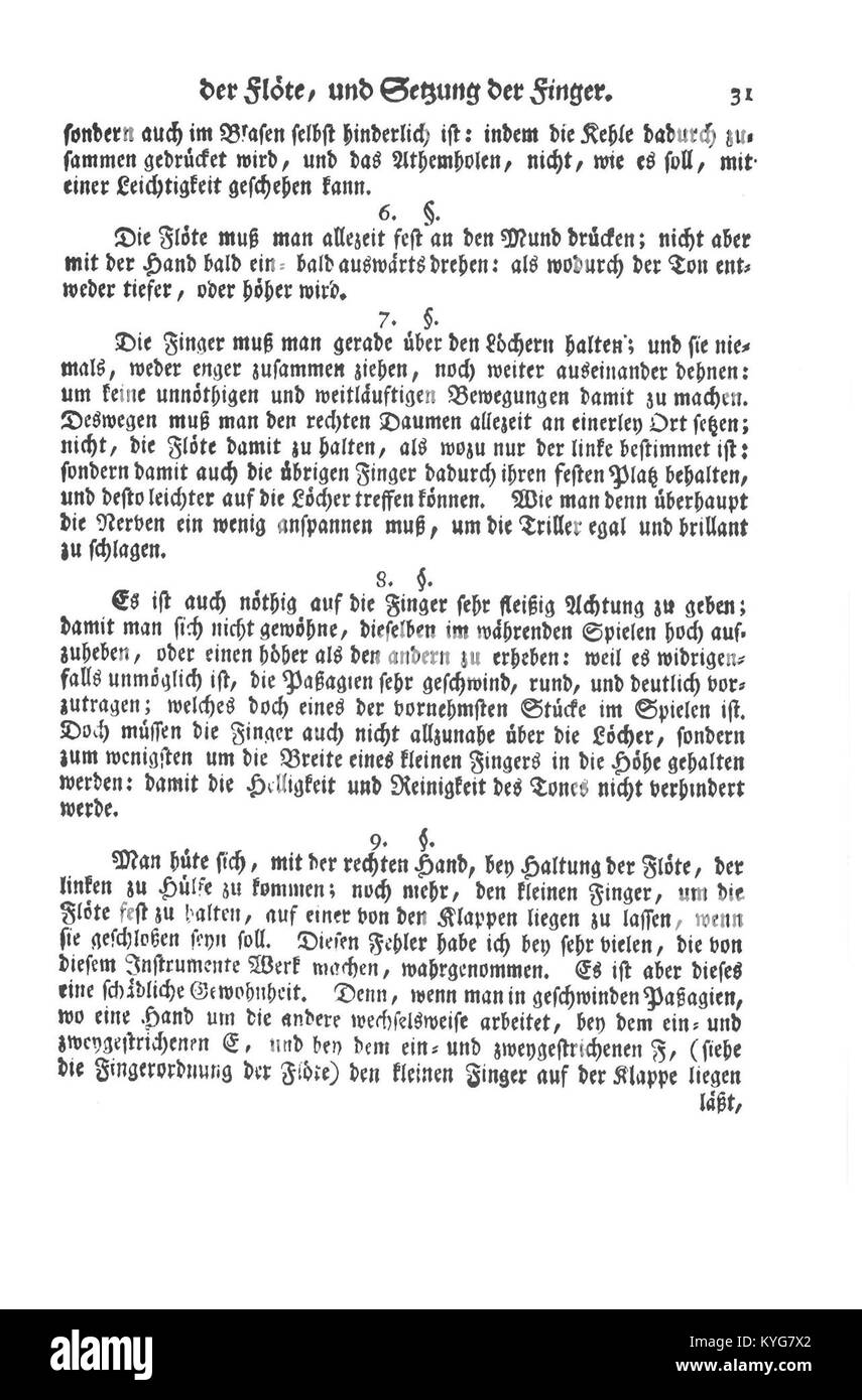 Seite 31 von Quantz' Flötenhandbuch von 1752, in dem die Grundlagen des barocken Flötenspiels, der Fingerpositionen und der Technik beschrieben werden Stockfoto