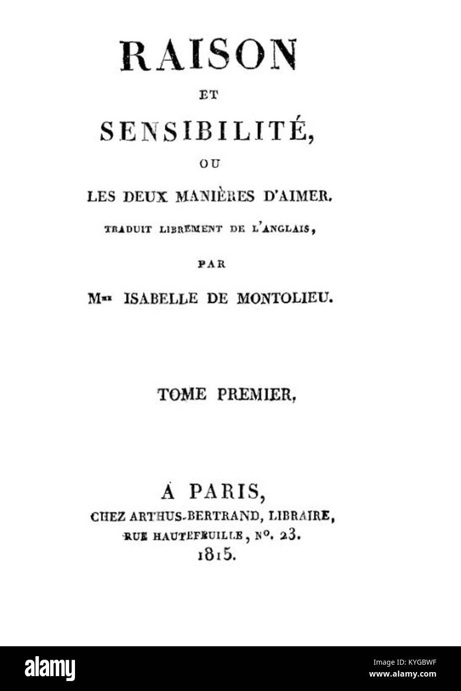 Titelseite von „raison et Sensibilité“ („Sinn und Sensibilität“) mit Details zur Veröffentlichung und Designelementen des Buches. Stockfoto