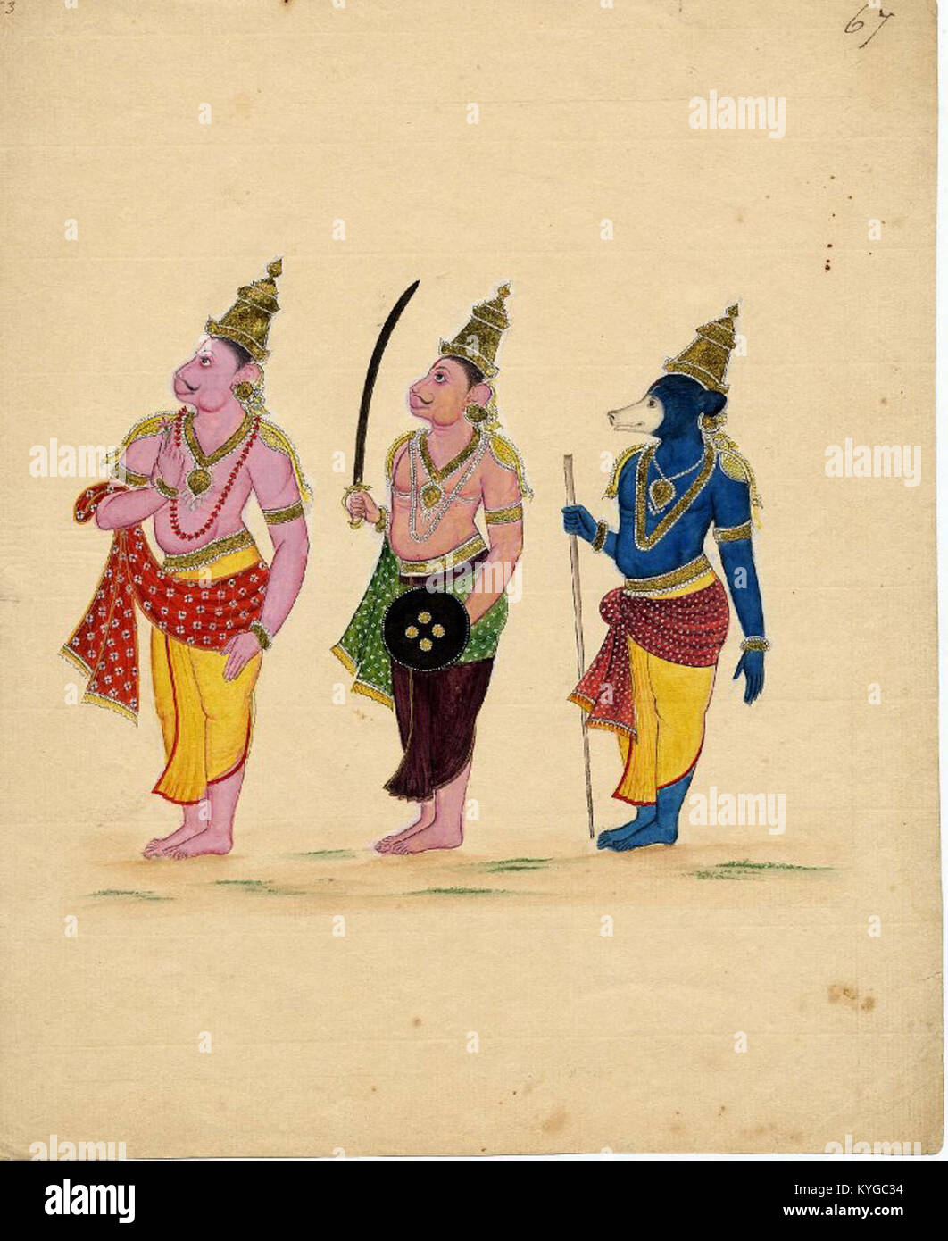 Rama der Verbündeten, von links, alle stehen im Profil, Sugriva, König der vanaras, durch Angada und Jambavan, König der Bären. Stockfoto