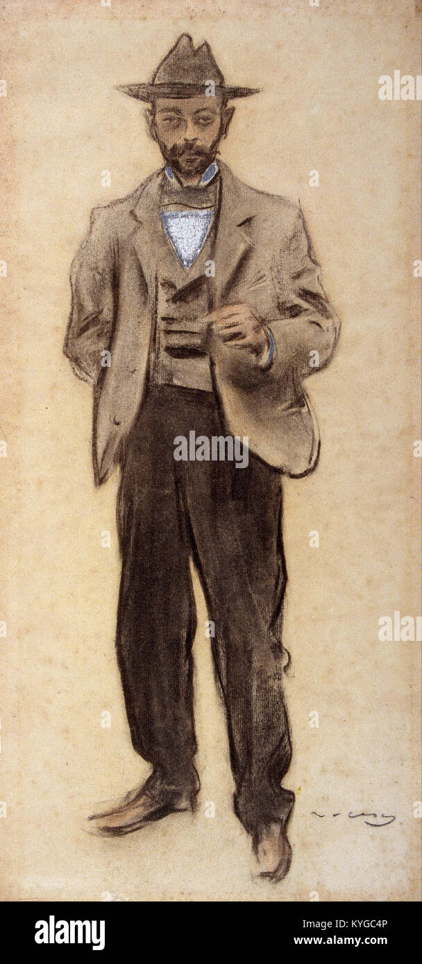 Porträt von Manolo Hugué ist eine Zeichnung von Ramon Casas, die um 1897–1899 entstand. Das Kunstwerk zeigt den Bildhauer Manolo Hugué, der Casas' unverwechselbaren Stil zeigt und Hugués Bild einfängt. Stockfoto