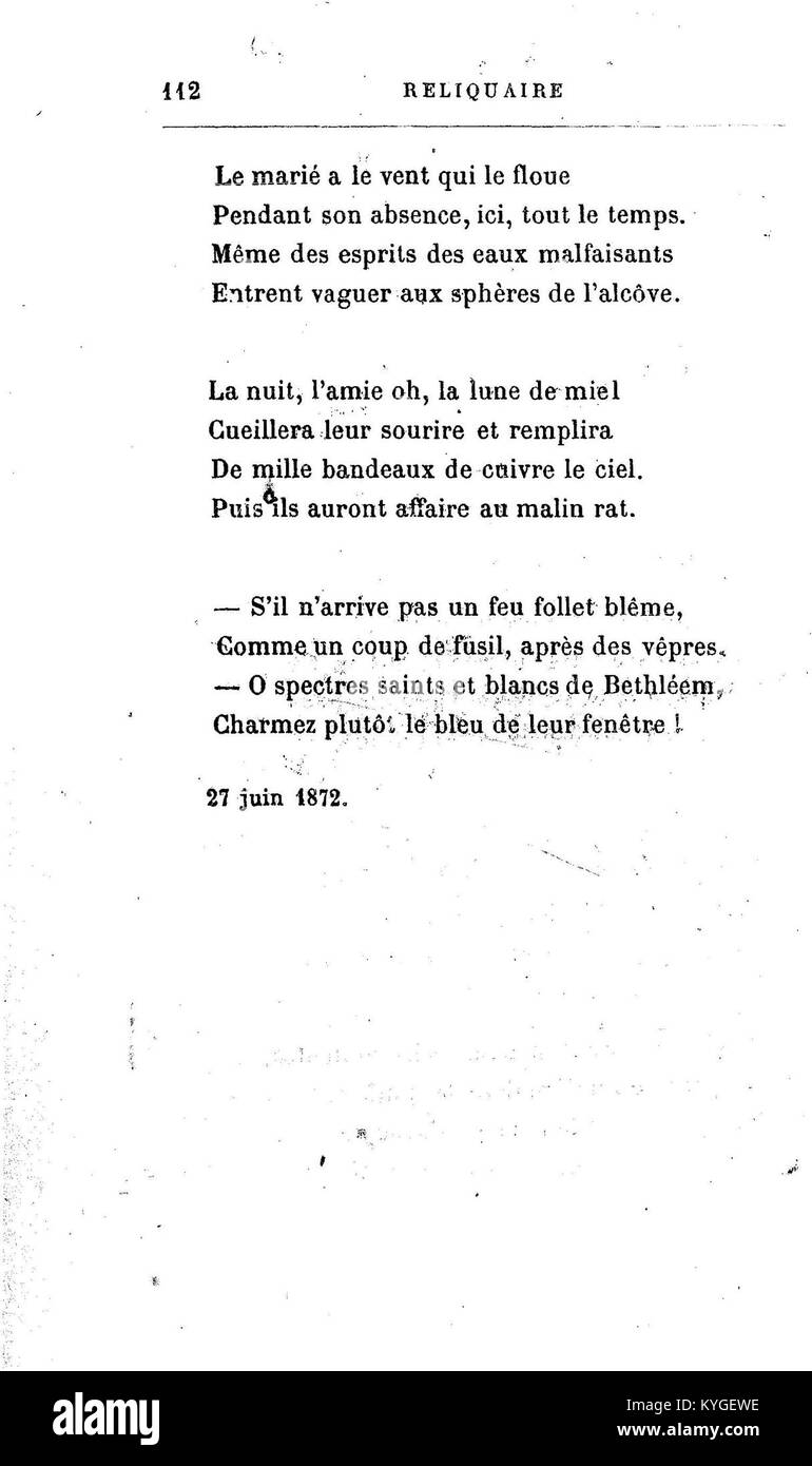 Seite 134 aus „Poésies“ von Arthur Rimbaud, mit einem Gedicht mit lebendigen Bildern und emotionaler Tiefe, charakteristisch für seinen Stil. Stockfoto