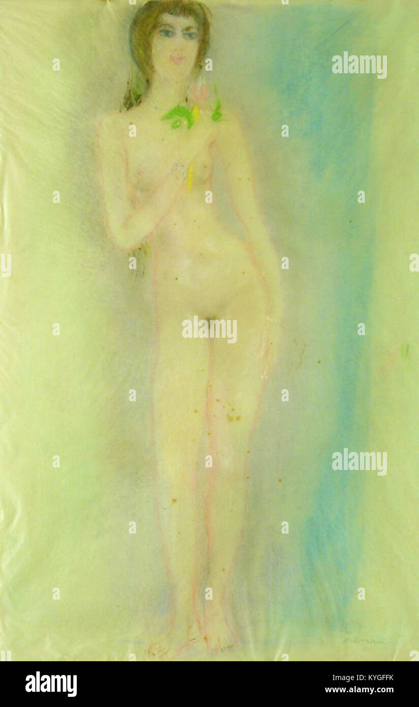 Eine Skulptur von Robert Genin zeigt eine stehende Frau, die eine Blume hält und die menschliche Form und die natürlichen Motive in einem minimalistischen künstlerischen Stil betont. Stockfoto