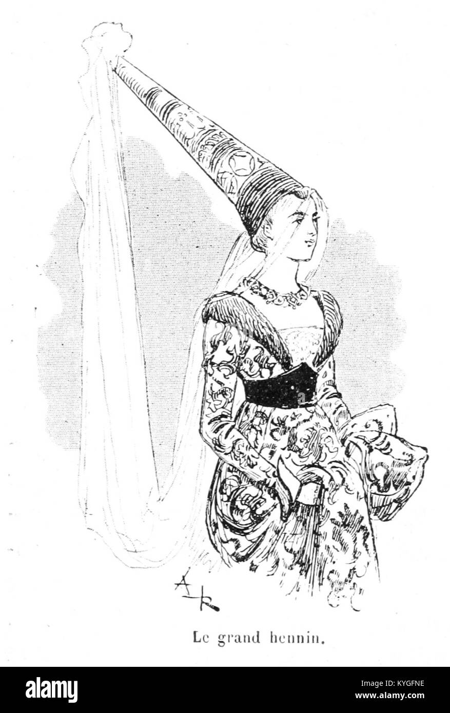 Diese Seite mit der Bezeichnung 0065 aus Albert Robidas Werk „Mesdames nos aieules“ aus dem Jahr 1891 zeigt eine historische Illustration von Damenbekleidung, die sich im Laufe der Jahrhunderte in Frankreich verändernde Modetrends zeigt. Stockfoto