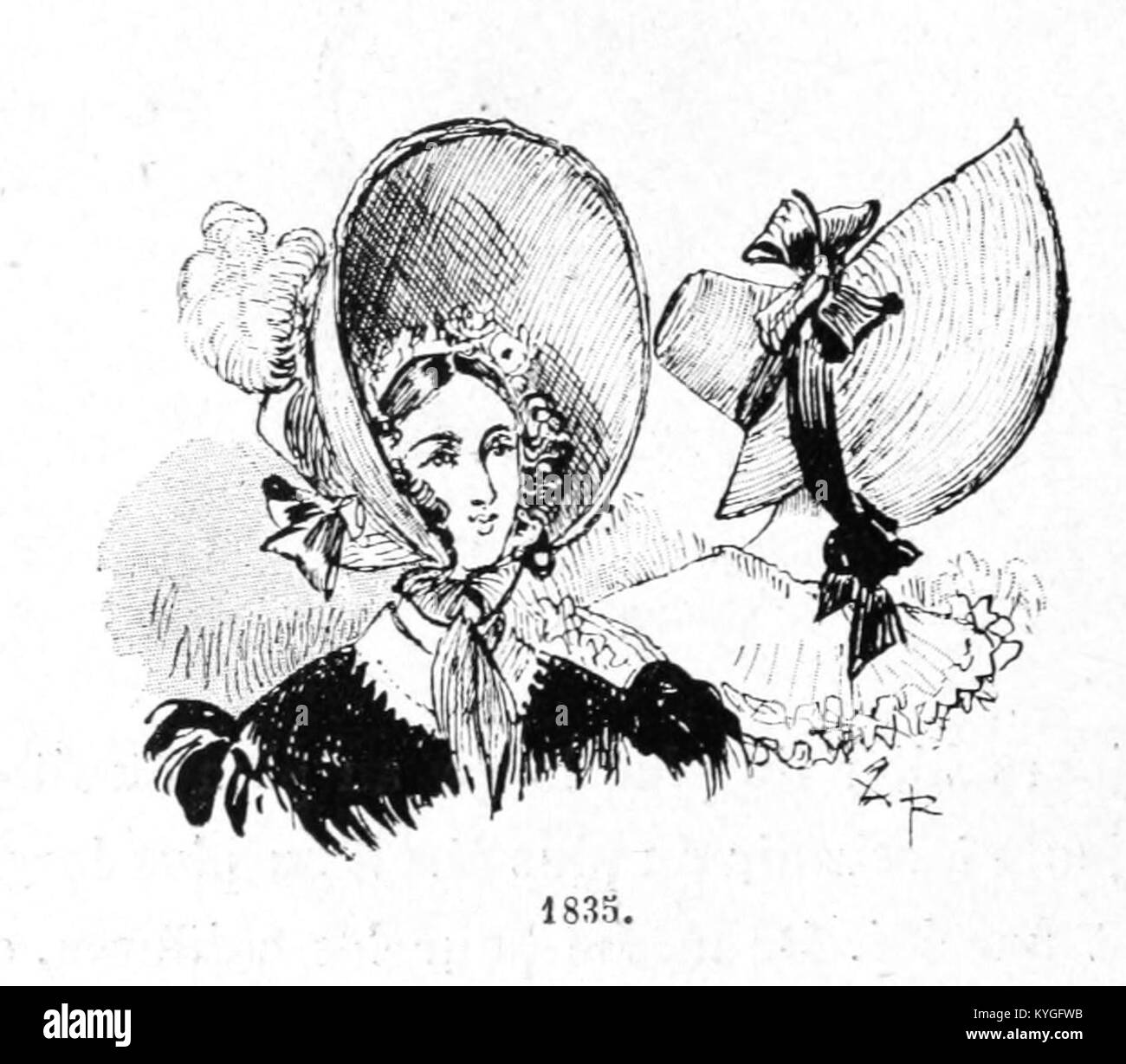 Dies bezieht sich auf eine Illustration von Albert Robida aus dem 1891 erschienenen Buch „Mesdames nos aieules“ (Damen, unsere Großmütter), das Mode des 19. Jahrhunderts darstellt. Stockfoto