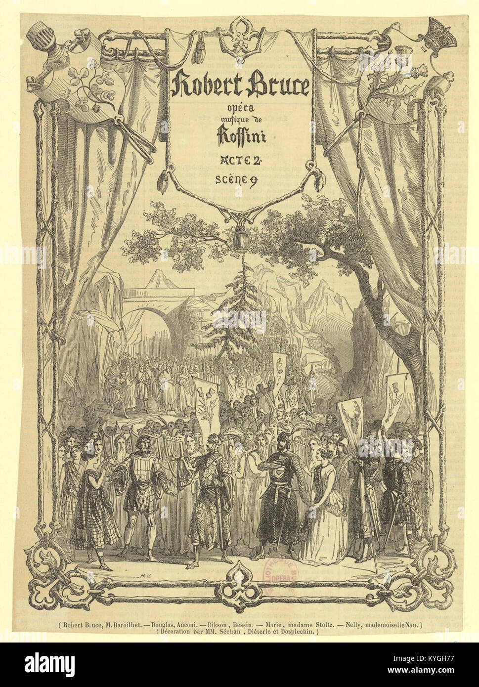 Gioachino Rossinis Oper „Robert Bruce“, die 1846 in Paris uraufgeführt wurde, zeigt eine intensive dramatische Szene im 2. Akt, Szene 9. Diese Oper zeigt historische Ereignisse durch Rossinis unverwechselbaren musikalischen Stil. Stockfoto