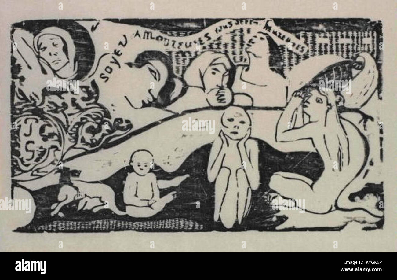 Das Gemälde von Paul Gauguin mit dem Titel „Soyez amoureuses, vous serez heureuse“ zeigt expressive Figuren in einer farbenfrohen Komposition. Das Kunstwerk spiegelt Gauguins postimpressionistischen Stil und sein Interesse an menschlichen Emotionen und symbolischen Bildern wider. Stockfoto