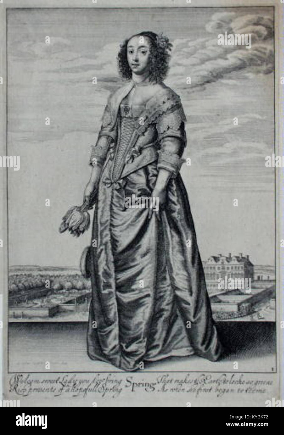 „Jaro“ (Frühling) von Václav Hollar ist eine Ätzung aus dem 17. Jahrhundert, die Ganzkörperfiguren der Saison als Teil seiner „vier Jahreszeiten“-Serie darstellt, die künstlerischen Stil und barocke Druckkunst veranschaulicht. Stockfoto