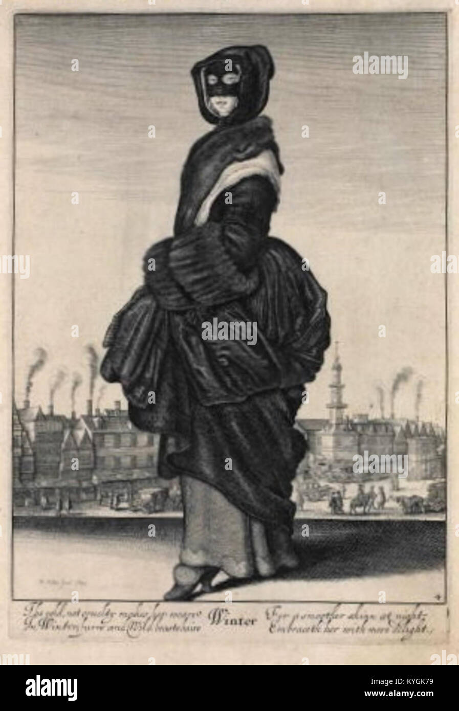 Vaclav Hollar's Gravur „Zima“ (Winter) zeigt eine Winterszene mit detaillierten natürlichen und menschlichen Elementen und zeigt Gravurtechniken aus dem 17. Jahrhundert und saisonale Darstellung. Stockfoto