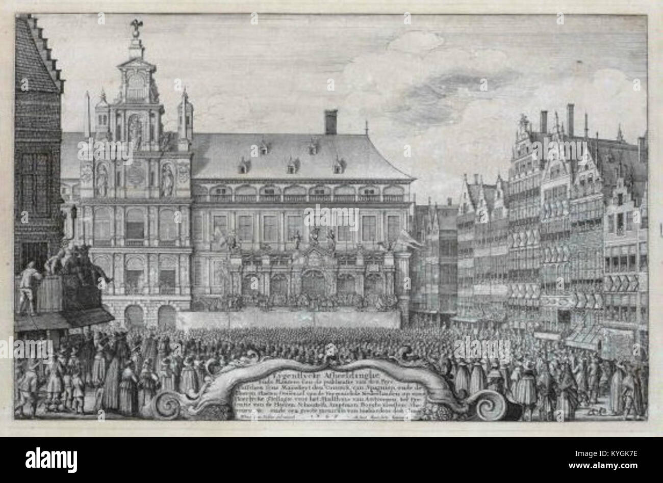 Ein Kupferstich von Václav Hollar, der das Friedensabkommen zwischen Spanien und den Niederlanden von 1648 zum Ende des Achtzigjährigen Krieges darstellt. Das Kunstwerk spiegelt die politische und historische Bedeutung Europas wider. Stockfoto