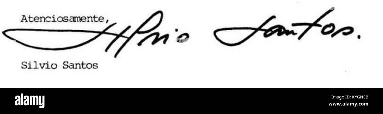 Dieses Dokument zeigt die Unterschrift von Silvio Santos Abravanel, einem brasilianischen Fernsehmoderator und Medienunternehmer, und hebt seine Rolle in der nationalen Medien- und Unterhaltungsgeschichte hervor. Stockfoto